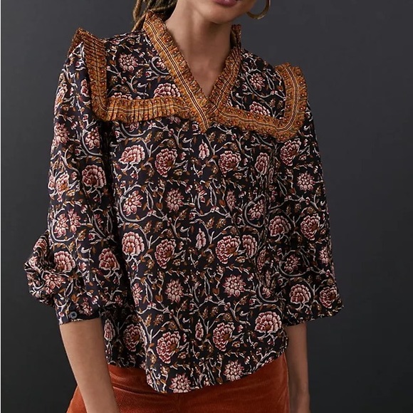 NWT Anthropologie Othilia Sera Ruffled Blouse Womens Top Neutral Multi Medium - Picture 2 of 14